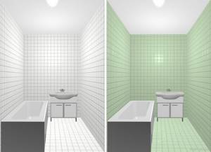 Белая и зеленая плитка маленького размера для маленькой ванной. Сравнение фотоэксперимент